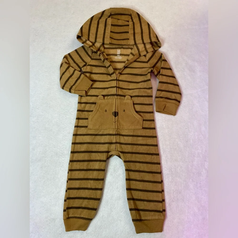 Carter's Brown Striped one piece Pajama Hood front pocket full Zipper Size 18m